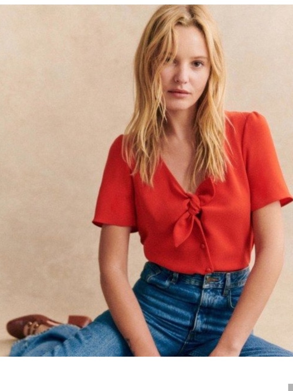 Sezane Red Tie-Front Short Sleeve Blouse